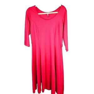 90s Skater Midi Raspberry Pink Dress Sz XL 3/4 Sleeve Full Skirt Y2K Stretch